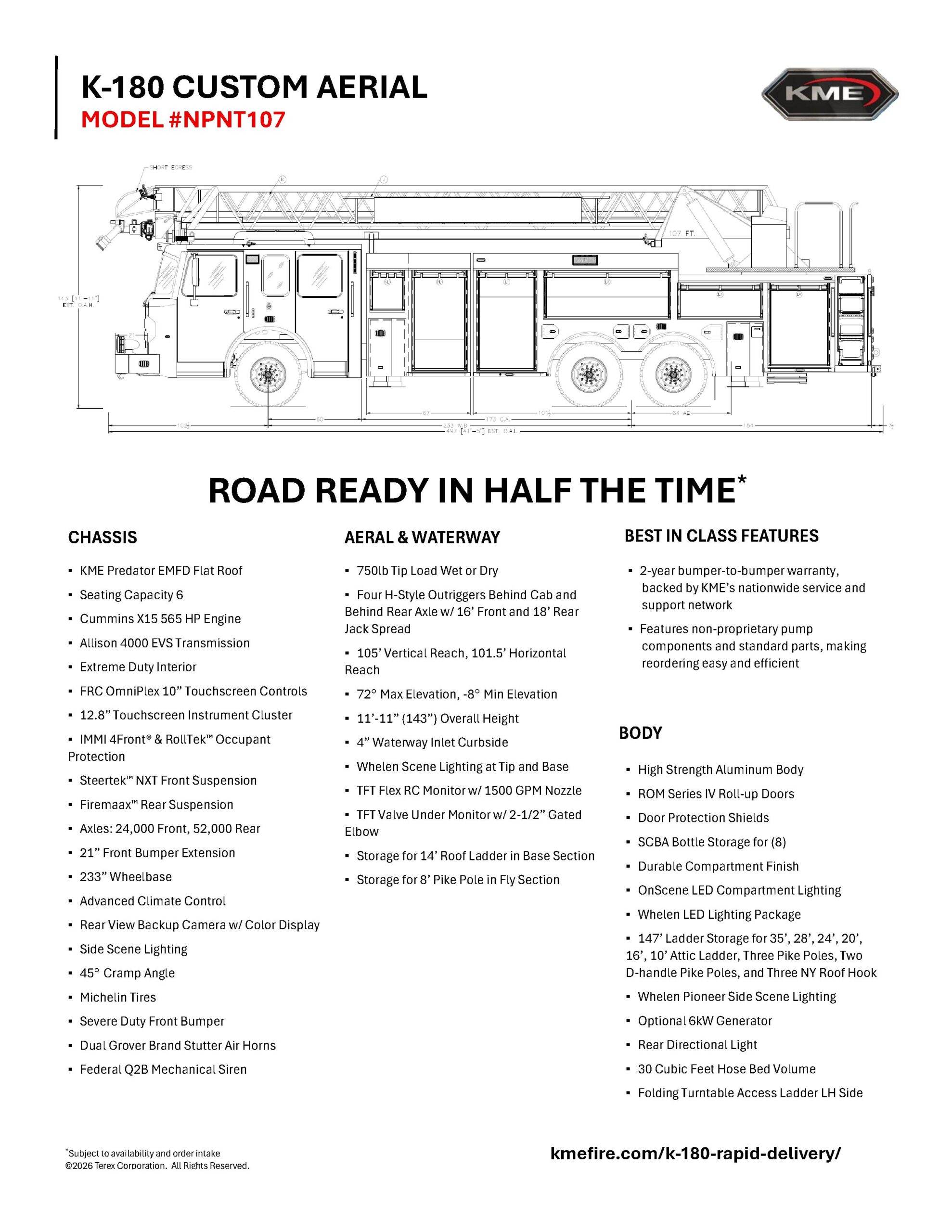 KME NPNT107 Sell Sheet K-180 Aerial Ladder 77RMA Engineering Drawing